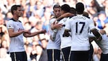 I giocatori del Tottenham festeggiano il primo gol nella sfida di Premier League contro il Manchester City