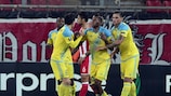 Astana celebrate Junior Kabananga's goal at Olympiacos