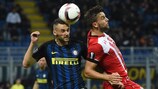 Inter's Marcelo Brozović (left) jumps with Southampton forward Jay Rodriguez