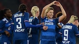 Claire Lavogez celebrates one of her two goals for Lyon