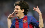 Lionel Messi esulta dopo il primo gol ufficiale (1 maggio 2005 contro l'Albacete)