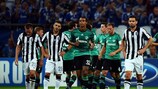 Schalke celebrate a goal against PAOK in the teams' 2013/14 UEFA Champions League play-off tie