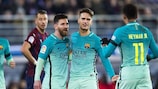 Barcelona's players celebrate a goal against Eibar