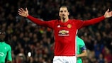 Zlatan Ibrahimović of Manchester United celebrates after scoring their third goal during their UEFA Europa League round of 32 first leg against Saint-Étienne