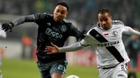 Ajax's Kenny Tete, who was sent off, and Vadis Odjidja tussle for the ball in the first leg