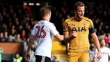 Harry Kane celebrates one of his three goals for Tottenham against Fulham