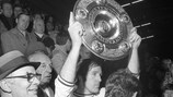 Günter Netzer lifts the trophy after Borussia Mönchengladbach's 1969/70 German title success