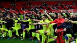 Gent celebrate their surprise success against Tottenham in the round of 32