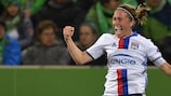 Camille Abily (right) celebrates her goal for Lyon