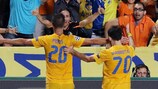 Pieros Sotiriou and Giannis Gianniotas celebrate a UEFA Champions League qualifying goal