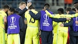 Hein Vanhaezebrouck comforts his players after the first leg