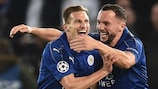 Marc Albrighton and Danny Drinkwater celebrate Leicester's second goal