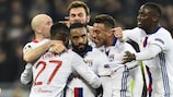 Lyon celebrate Alexandre Lacazette's goal against Roma