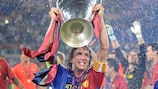 Carles Puyol celebrates after winning the UEFA Champions League with Barcelona in 2009