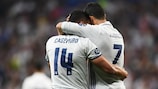 Cristiano Ronaldo (right) made it to 100 UEFA Champions League goals with a hat-trick