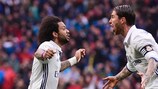 Marcelo celebra com Sergio Ramos o seu golo tardio, que deu a vitória ao Real Madrid