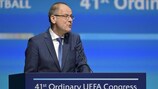 Tibor Navracsics, European Commissioner for education, culture, youth and sport, speaks at the UEFA Congress in Helsinki