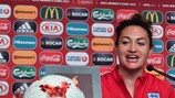 Jodie Taylor with the match ball after her hat-trick against Scotland
