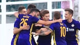Luka Zahovič (centre) is congratulated after putting Maribor in front against Zrinjski
