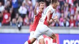 Milan Škoda and Ruslan Rotan celebrate a Slavia goal