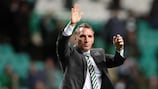 Manager Brendan Rodgers salutes the Celtic Park crowd after his team's resounding first leg win