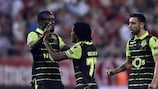 Seydou Doumbia (à esquerda), Gelson Martins (ao centro) e Bruno Fernandes marcaram na vitória do Sporting frente ao Olympiacos