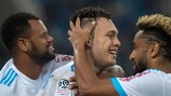 Marseille celebrate a Lucas Ocampos goal