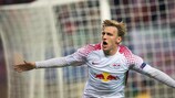 Emil Forsberg celebrates scoring Leipzig's first European goal