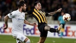 AEK's Sergio Araujo (right) tries to control the ball against Austria Wien on matchday two