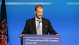 Aleksander Čeferin addresses the Extraordinary UEFA Congress in Geneva