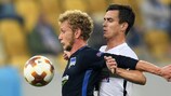 Hertha's Fabian Lustenberger vies with Artem Gordiyenko of Zorya