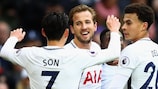 Harry Kane celebrates one of his two first-half goals against Southampton