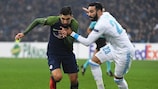 Salzburg's Munas Dabbur (left) and Adil Rami of Marseille in action during the group stage
