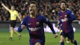 Philippe Coutinho celebrates scoring Barcelona's first goal at Valencia