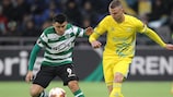 Sporting CP's Marcos Acuña (left) in action with Marin Aničić of Astana