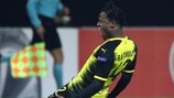 Michy Batshuayi celebrates scoring Dortmund's added-time winner in the first leg