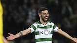 Sporting CP's Bruno Fernandes celebrates one of his three goals in the round of 32