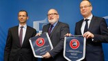 UEFA President Aleksander Ceferin, EC First Vice-President Frans Timmermans and Commissioner Tibor Navracsics