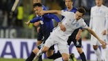 Lazio's Alessandro Murgia (left) tangles with Denys Garmash of Dynamo Kyiv in the first leg