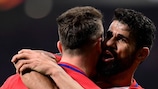 First-leg goalscores Saúl Ñíguez and Diego Costa celebrate a goal against Lokomotiv