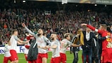 Salzburg celebrate winning the 18th game of their European season, at home to Lazio