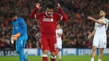 Mohamed Salah after scoring his and Liverpool's second goal in the first leg against Roma