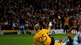 Edinson Cavani scores Napoli's first UEFA Champions League goal against Manchester City in 2011