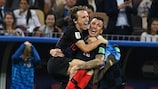 Luka Modrić and Mario Mandžukić celebrate Croatia reaching the World Cup final