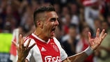 Dušan Tadić celebrates scoring Ajax's third goal in the first leg