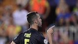 Miralem Pjanić celebrates one of his two goals at Valencia