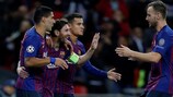 Lionel Messi (centre) celebrates scoring against Tottenham on matchday two