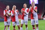 Slavia celebrate reaching the quarter-finals after a 0-0 draw with Rosengård
