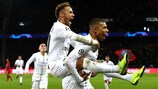 Neymar (left) celebrates with Kylian Mbappé