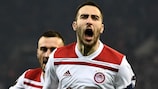 Kostas Fortounis after scoring Olympiacos's late penalty against Milan